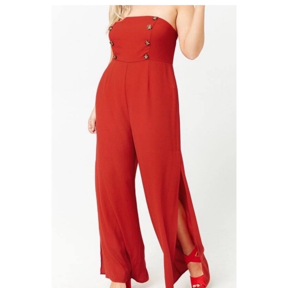 Forever 21‎ Red Strapless Wide Leg Jumpsuit Double Breasted Side Slits 2XL Chic